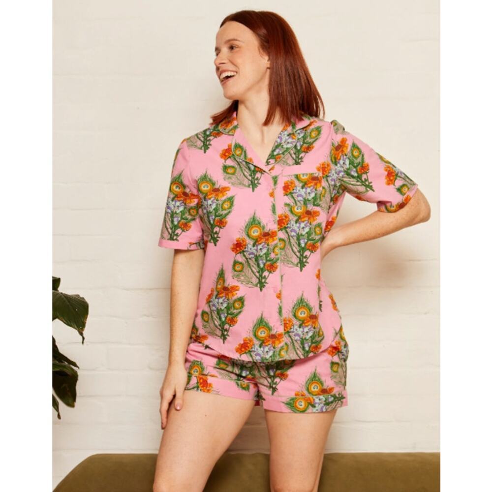 Their Nibs Vintage pajamas size small pink peacock flowers shorts short sleeve
